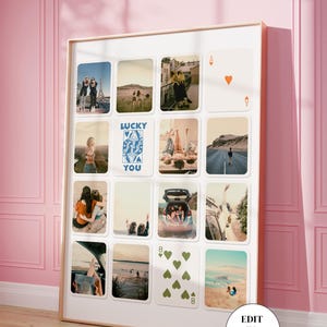 Op de afbeelding: Een collage van foto's met vrienden op een roadtrip. De foto's zijn in een rasterpatroon gerangschikt en bevatten afbeeldingen van mensen in auto's, op stranden en in de natuur. De collage is ingelijst in een gouden lijst en heeft een witte achtergrond. De tekst "Lucky You" is te zien op een van de foto's.