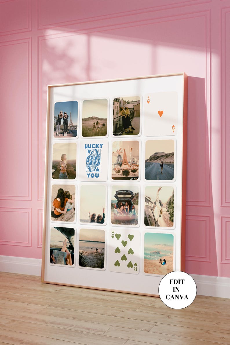 Op de afbeelding: Een collage van foto's met vrienden op een roadtrip. De foto's zijn in een rasterpatroon gerangschikt en bevatten afbeeldingen van mensen in auto's, op stranden en in de natuur. De collage is ingelijst in een gouden lijst en heeft een witte achtergrond. De tekst "Lucky You" is te zien op een van de foto's.