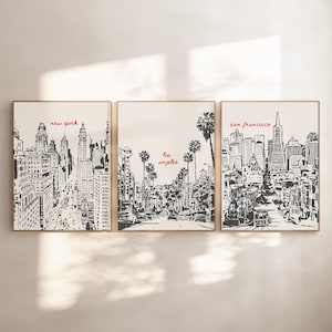 Retro Reise Poster 3er-Set, US Städte druckbare Wandkunst, trendige Digitaldrucke, New York Kunstdruck, LA City Poster, Retro Wohnheim Dekor