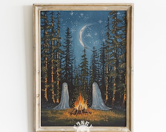 Ghost Art Print, Ghosts in Woods at Campfire Printable, Fall Halloween Wall Art Print, Cottagecore Decor, Digital Print, Ghost Illustration