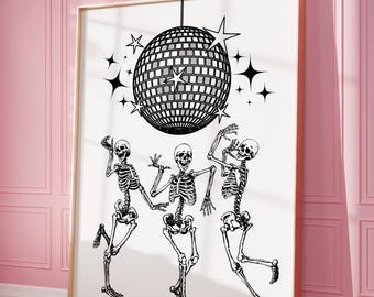 Póster de Halloween de esqueletos danzantes, decoración de fiesta de Halloween disco, arte mural moderno y preppy, impresión femenina, arte imprimible, impresiones digitales