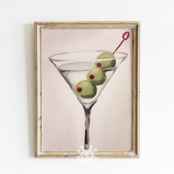 Martini Art Print, Retro Aesthetic, Dirty Martini Painting, Preppy Bar Cart Decor, Cocktail Painting, Trendy Wall Art, Digital Print
