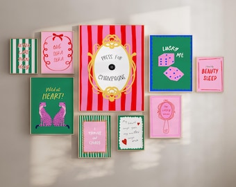 Maximalist Wall Art Print Set of 9, Dopamine Trendy Posters, Pink Green Preppy Gallery Wall Set, Funky Dorm Room Decor, Apartment Aesthetic