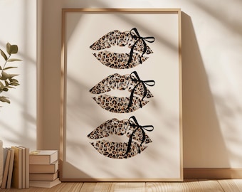 Leopard Kiss Lips Print, Bows Dark Coquette Room Decor, Digital Prints, Leopard Kisses, Preppy Dorm Aesthetic, Funky Printable Art