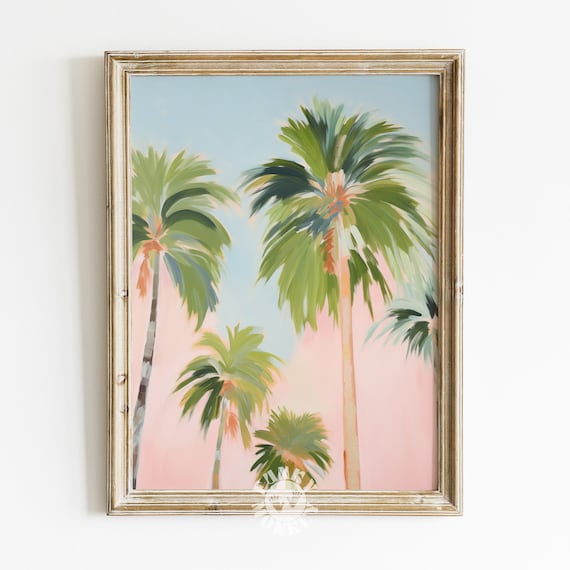 Palm Trees Painting, Pastel Pink Girly Wall Art Print, Summer Poster, Modern Tropical Coastal Painting, Printable Art, Apartment Aesthetic