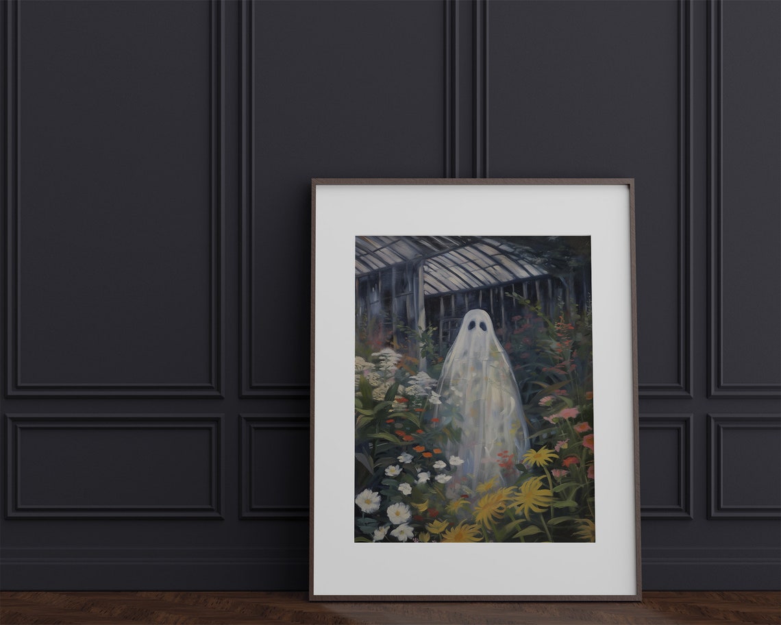Ghost Art Print, Ghost in Greenhouse With Flowers, Cute Halloween Decor ...