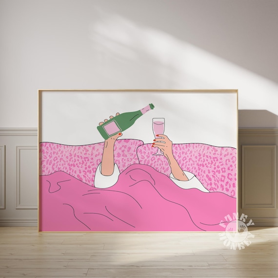 Pink Leopard Wall Art, Trendy Bedroom Digital Print Wine in Bed Printable Poster Girly Print Aesthetic Room Decor Apartment Horizontal Print