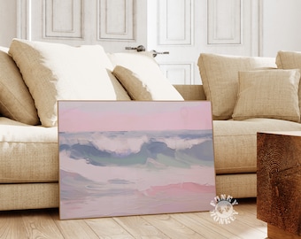 Ocean Waves Art Print, Pink Pastel Preppy Beach Painting, Abstract Coastal Art, Girly Apartment Aesthetic, Summer Wall Art, Downloadable Art