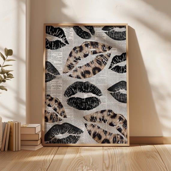 Leopard Kisses Retro Newspaper Print, Kiss Lips Wall Art, Funky