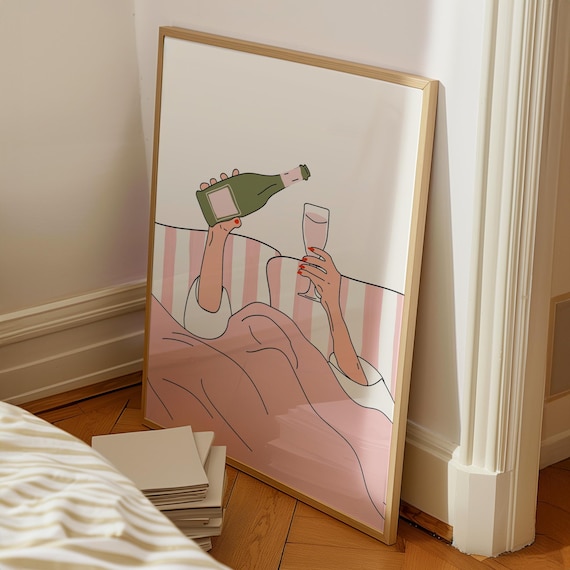 Pink Wall Art, Wine in Bed Print, Trendy Printable Poster, Aesthetic Room Decor, Girly Print, Bedroom Digital Print, Apartment Print