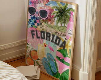 Florida Wall Art Print, US State Travel Poster, Trendy Wall Art, Maximalist Collage Printable Art, Dorm Room Decor, Digital Print