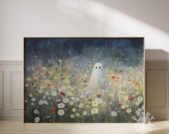 Ghost in Wildflower Field Art Print, Halloween Decor, Downloadable Cute Ghost Art, Fall Flowers Printable Wall Art Cottagecore Decor Digital