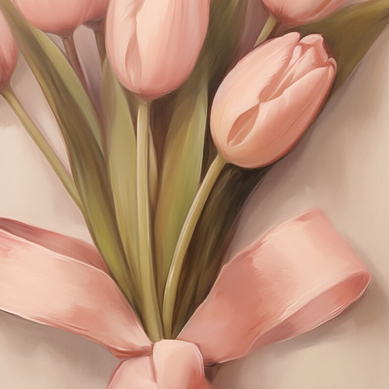 May include: A bouquet of pink tulips tied together with a pink ribbon.