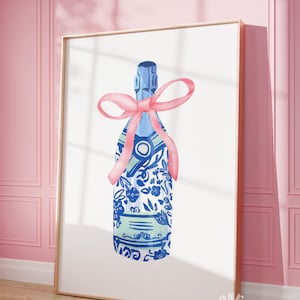 Champagne Print, Coquette Room Decor, Girly Wall Art, Pink Bow Printable Art, Blue White Floral Soft Girl Aesthetic, Trendy Wall Art