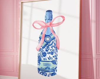 Champagne Print, Coquette Room Decor, Girly Wall Art, Pink Bow Printable Art, Blue White Floral Soft Girl Aesthetic, Trendy Wall Art