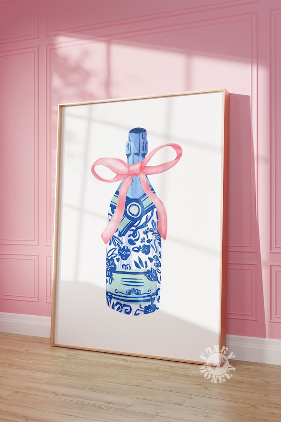 Champagne Print, Coquette Room Decor, Girly Wall Art, Pink Bow Printable Art, Blue White Floral Soft Girl Aesthetic, Trendy Wall Art