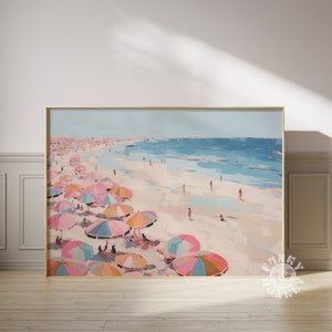 Plakat plażowy, sztuka abstrakcyjna vintage na wybrzeżu, dziewczęcy wystrój mieszkania, różowa sztuka ścienna, sztuka ścienna na plaży, wystrój pokoju dziewczęcego, parasole na plaży