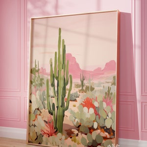 Wüstenkaktus Wand Kunst Druck, rosa druckbare Wohnung, Gemälde des Südwestens, Girly westliche Ästhetik, trendige Boho Room Decor Digitaldruck