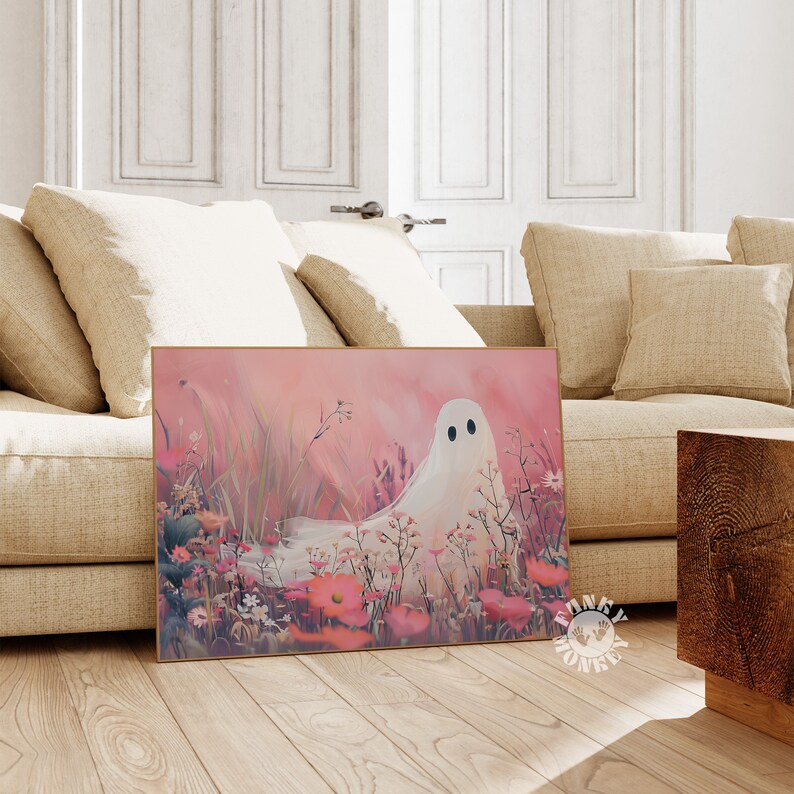 Pink Halloween Ghost Print, Cute Ghost Wall Art, Ghost in Flower Field ...