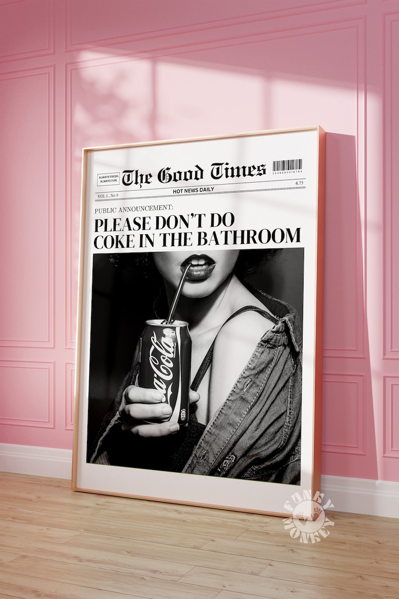 Trendy Don't Do Coke Newspaper Print, Funny Newspaper Headline Poster, Retro Wall Art, Aesthetic Apartment Decor, College Dorm, Bathroom Art image 3