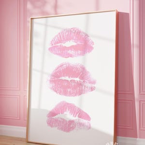 Kiss Lips Wall Art Print , Pink Kisses Digital Print, Trendy Printable Poster, Girly Print, Coquette Decor, Apartment Aesthetic