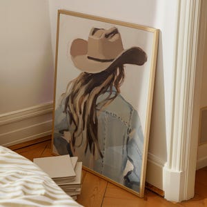 Cowgirl Portrait Art Print, Western Rustic Country Farmhouse Decor Beige Aesthetic Neutral Painting Boho Cowgirl Printable Art Digital Print
