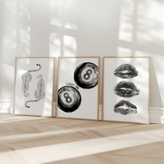 Trendy Print Set of 3, Black White Funky 8Ball Digital Print, Retro Kiss Lips Printable Poster, Cheetah Digital Download, Dorm Room Decor
