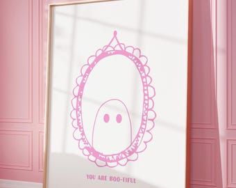 You Are Bootiful Halloween Poster, Pink Halloween Decor Cute Ghost Wall Art Print Trendy Coquette Printable Art Girly Print Girls Room Decor