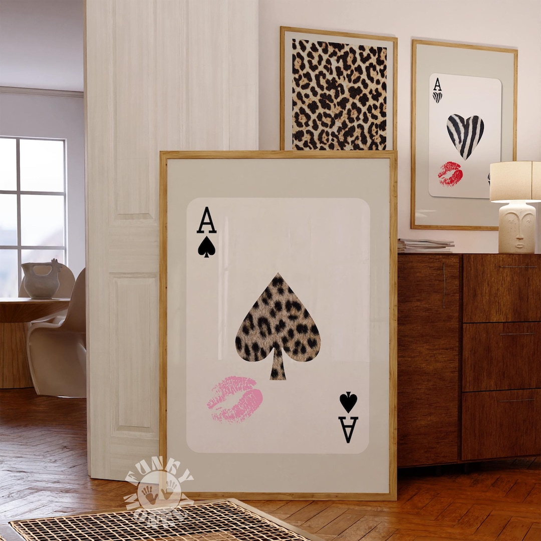 Leopard Ace of Spades Playing Card Print, Pink Kiss Lips Poster