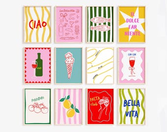 Italian Food Print Set of 12, Trendy Gallery Wall Set, Dopamine Poster Set, Maximalist Decor, La Dolce Vita Poster Bundle, Digital Prints