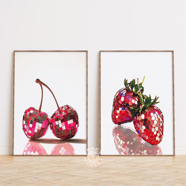 Kitchen Disco Print Set of 2, Pink Red Cherry Strawberries Wall Art, Preppy Disco Ball Poster, Trendy Dorm Room Decor, Funky Printable Art