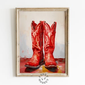 Red Cowgirl Boots Printable Art, Trendy Western Poster, Preppy Cowboy Boots Painting, Funky Maximalist Decor, Dorm Room Girly Aesthetic