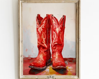 Red Cowgirl Boots Printable Art, Trendy Western Poster, Preppy Cowboy Boots Painting, Funky Maximalist Decor, Dorm Room Girly Aesthetic