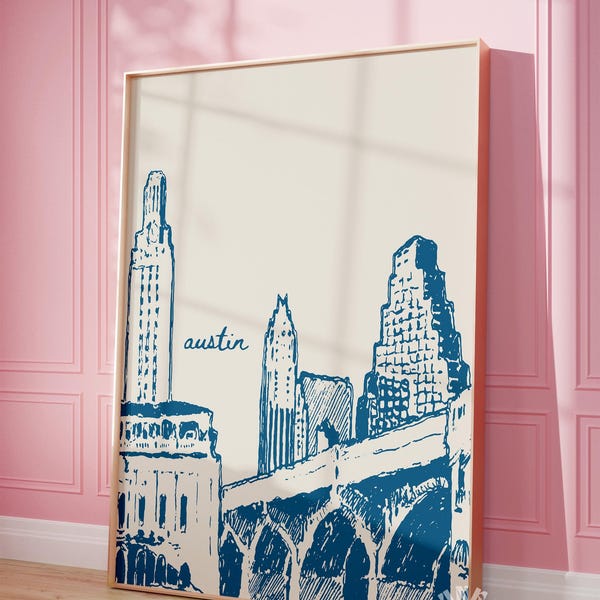 Poster di viaggio di Austin, stampa retrò della città blu navy del Texas, arte murale alla moda, stampe digitali, decorazioni per dormitori, arte stampabile, schizzo della città