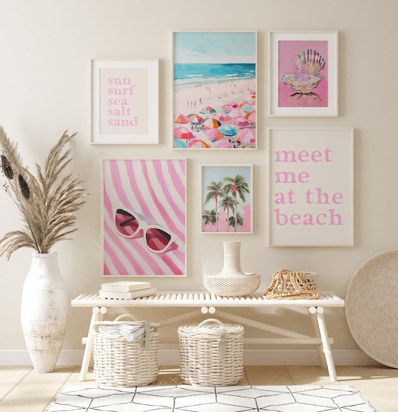 Beach Wall Art Print Set of 6, Pink Preppy Summer Printable Poster, Coastal Granddaughter Aesthetic, Pink Girly Teen Room College Dorm Decor