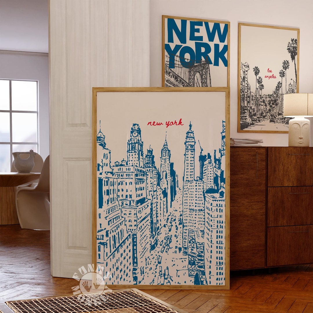 New York Travel Poster, Retro NYC Print, Blue New York City Wall Art ...
