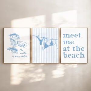 Blue Beachy Wall Art, Coastal Print Set of 3 Digital Prints, Bikini Print, Cute Summer Aesthetic, Preppy Girls Room, Trendy Wall Art Prints