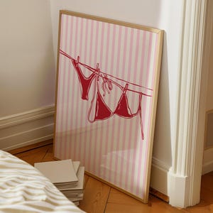 Bikini Print Red Pink Beachy Wall Art, Coastal Aesthetic Poster, Summer Digital Print, Bikini on Clothesline Trendy Wall Art, Preppy Print