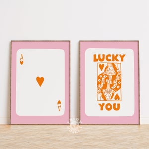 Modny zestaw wydruków Lucky You 2, różowo-pomarańczowe karty do gry w stylu retro, do druku królowa kier, karta asa, odjechana sztuka ścienna, estetyka mieszkania