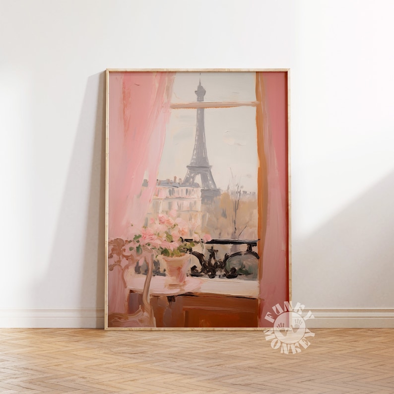 May include: A painting of a window with pink curtains and a view of the Eiffel Tower in Paris. There are flowers in a pot on a table in the foreground.