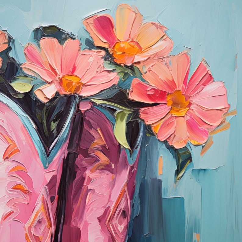 May include: A painting of pink flowers in a vase. The flowers are painted in a loose, impressionistic style with thick brushstrokes. The background is a light blue.