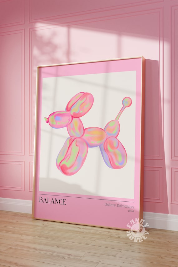 Dog Balloon Preppy Wall Art, Retro Digital Print, Pink Aesthetic Trendy Wall Art Digital Prints, College Apartment Dopamine Exhibition Print
