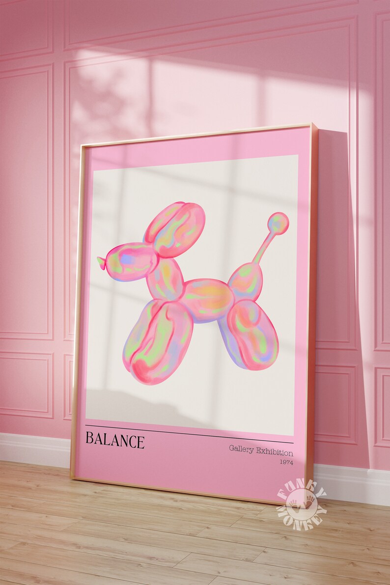 Puede incluir: Un animal de globo rosa y blanco con forma de perro, con la palabra "BALANCE" en texto negro en la parte inferior de la imagen. La imagen est&aacute; enmarcada en un marco dorado y tiene el texto "Gallery Exhibition 1874" en la esquina inferior derecha.