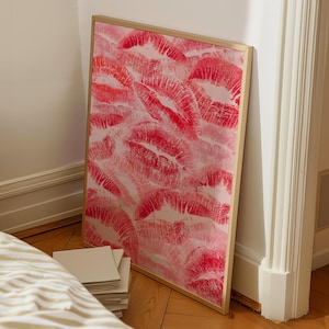 Retro Kiss Lips Wandkunst, Rot Rosa Küsse Poster, trendige Wandkunst, druckbares Girly Print, kokette Digitaldrucke adrette Wohnungsästhetik