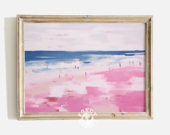 Abstract Beach Print, Pink Girly Coastal Painting, Apartment Aesthetic, Printable Wall Art, Retro Summer Beach Digital Print Dorm Room Decor