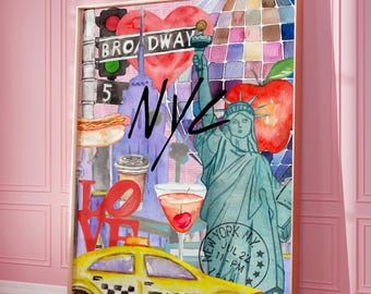 New York City NYC Print, Retro Travel Print, New York Wall Art, Maximalist Trendy Collage, Dopamine  Printable Art, Dorm Room Digital Prints
