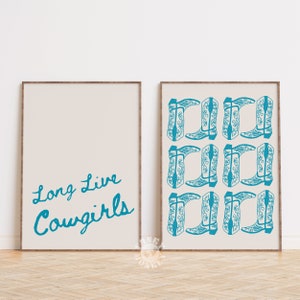 Coastal Cowgirl Print Set, Blue Long Live Cowgirls Printable Wall Art, Retro Western Aesthetic, Cowboy Boots, Preppy Dorm Room Decor