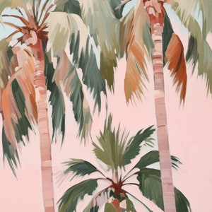 May include: A painting of three palm trees with green leaves and brown trunks against a pink background.