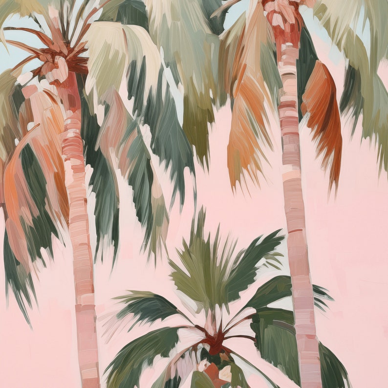 May include: A painting of three palm trees with green leaves and brown trunks against a pink background.