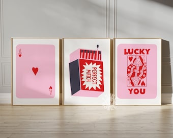 Trendy Lucky You Print Set of 3, Pink Red Retro Playing Cards Poster, Queen of Hearts, Matchbook Poster, Ace Card, Funky Digital Prints